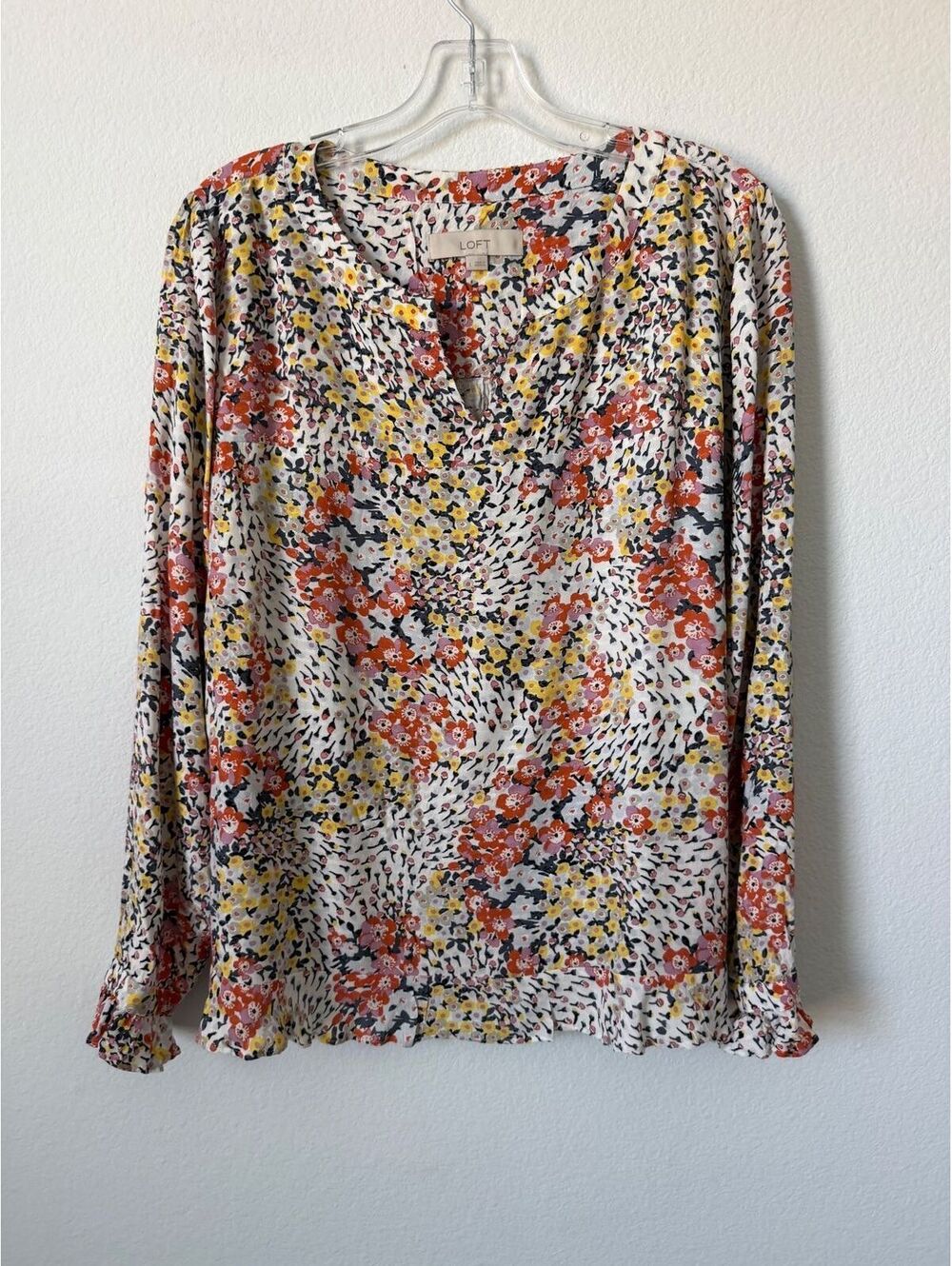 LOFT Long Sleeve V-Neck Abstract Floral Popover Blouse Women's Size L